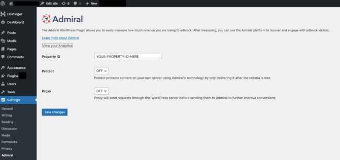 Example of Options in Admiral's WordPress Plugin